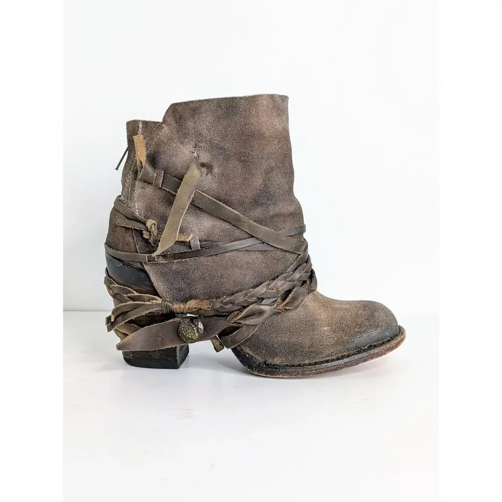 Freebird by Steven Cairo Boots 7 Brown Suede Strappy Heeled Boho Festival Zip